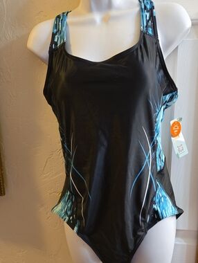 Black & Teal Women’s Athletic Swimsuit with Patterned Accents